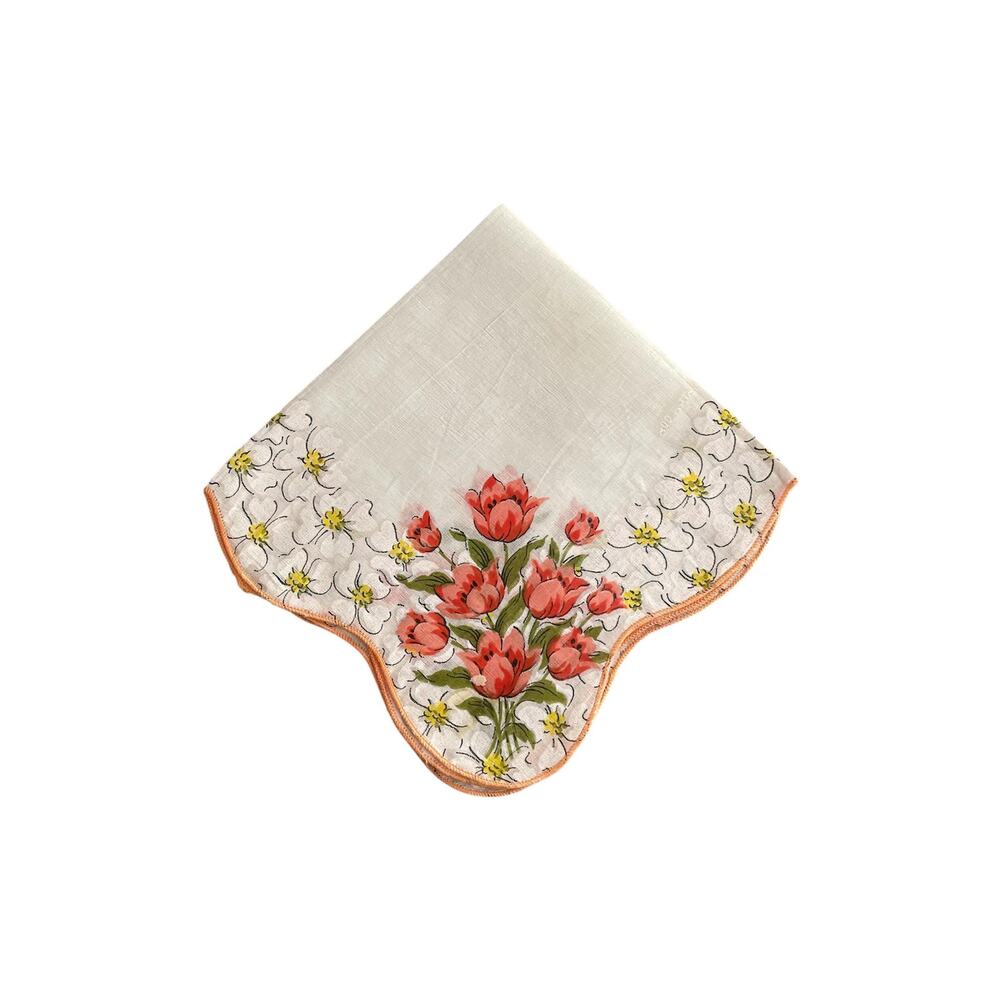 1960s Peach Tulips & Dogwood Flowers Scallop Edge Cotton Lady's Handkerchief